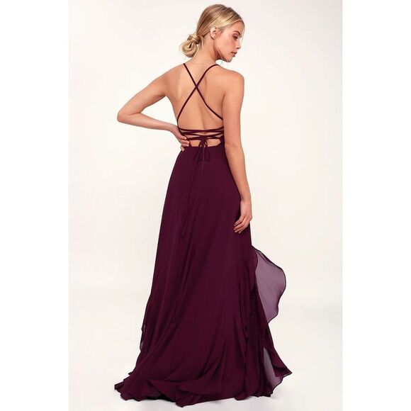 Lulus Lorenz Plum Purple Ruffled Lace-Up Maxi Dress Size M NWT - Picture 3 of 15